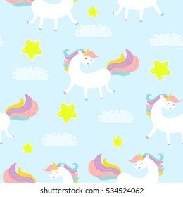 cute unicorn on a blue background, vector pattern.
