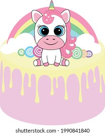 Cute unicorn on cake vector illustration. Sweet dessert for kids on white illustration vector illustration. 