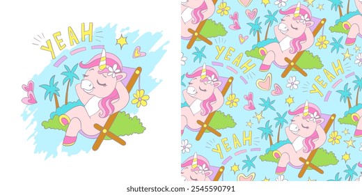 Cute unicorn on a chaise longue on vacation. Card with magic horse and background in cartoon style set. Vector illustration and seamless pattern. For clothes design, print, decoration, linen, dishes