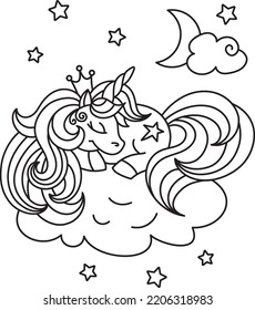 unicornio lindo en una nube entre la luna y estrellas para libro de colorantes