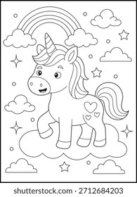 Lindo unicornio en una página para colorear en la nube. Estrellas de arco iris y fantasía imprimible. Arte de línea de unicornio kawaii para niños. Hoja mágica para colorear para niñas