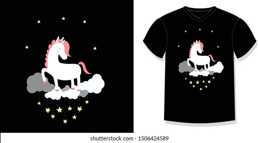 Cute unicorn on cloud in night sky with stars t-shirt print design visualization. Fashion apparel for kids, baby girl or boy drawing style. Cartoon vector scandinavian illustration printable element