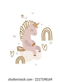 Cute Unicorn auf Wolke und Regenbogen. Vektor Print für Kinder Zimmer Dekoration, Stoff, Papier, Karte, T-Shirt, Poster, Textilien. Vektorgrafik