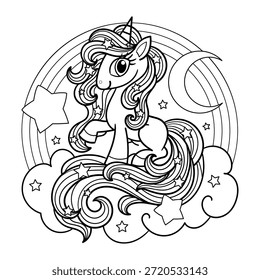 Un lindo unicornio en una nube con un arco iris de estrellas y flores de arco iris. Adecuado para los diseños de libros para colorear de los niños, impresiones, carteles, tarjetas, pegatinas, etc. Vector