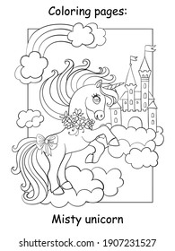 Cute unicorn on cloud and sky castle. Coloring book page for children. Vector cartoon illustration isolated on white background. For coloring book, preschool education, print, game, decor.