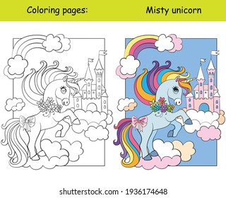 Cute unicorn on cloud and sky castle. Coloring book page for children with colorful template. Vector cartoon isolated illustration. For coloring book, preschool education, print, game, decor.