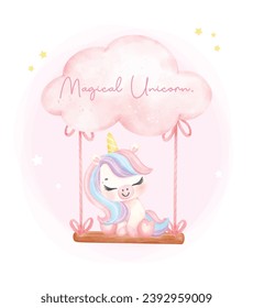 Cute unicorn on cloud swing watercolor dreamy nursery Art illustration. Magical Unicorn.