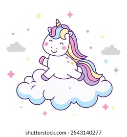 Cute Unicorn on a Cloud Vector Illustration in Pastel Colors.