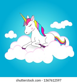 Cute unicorn on clouds, vector illustration.