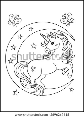 Cute Unicorn on Crescent Moon and Stars Coloring Page for Kids. Illustration of a  Magical Celestial Coloring Page Activity for Children