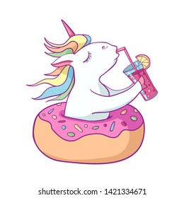 Cute unicorn on donut swimming ring. Summer time. Magic unicorn drinking a cocktail . Cartoon flat style illustration. Template for printing, sticker, texture, wallpaper, postcard.