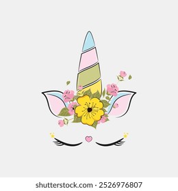 Cute unicorn on grey background with black lines details. Suitable for birthday invitations