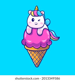 Cute Unicorn On Ice Cream Cone Cartoon Vector Icon Illustration. Animal Food Icon Concept Isolated Premium Vector. Flat Cartoon Style