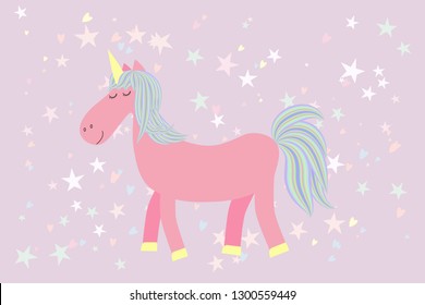 Cute unicorn on light pink background with stars, kids poster
