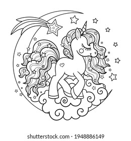 Cute unicorn on the moon. Black and white coloring for children. Linear drawing. For the design of coloring books, prints, posters, stickers, badges, and more. Vector