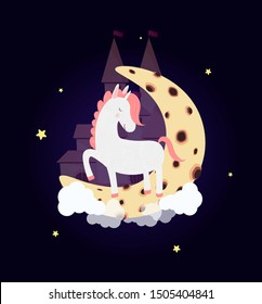 Cute unicorn on moon with dream castle in night sky with stars, wish good night. White horse sleep stamping hooves with closed eyes. Dreaming pony heaven palace background Vector Cartoon Illustration
