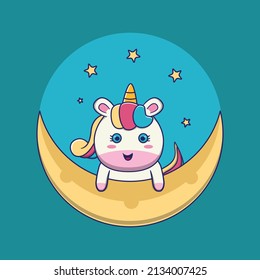 cute unicorn is on the moon, suitable for children's books, birthday cards, valentine's day, stickers, book covers, greeting cards, printing.