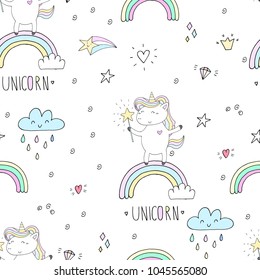 cute unicorn on a pink backgroun. vector pattern