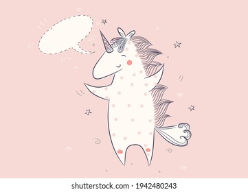 Cute unicorn on pink background with bubble