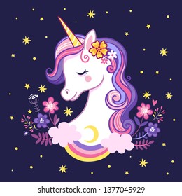 Cute unicorn on a purple background with stars and flowers. Vector illustration in cartoon style.