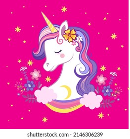 Cute unicorn on a purple background with stars vector image