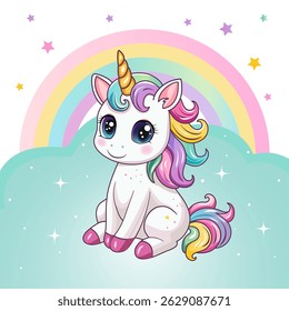 Cute unicorn on a rainbow background. A postcard, a banner. Vector illustration
