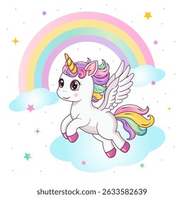 Cute unicorn on a rainbow background. A postcard, a banner. Vector illustration