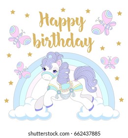Cute unicorn on a rainbow on a beautiful background with an inscription. Vector illustration.