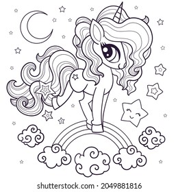 Cute unicorn on the rainbow. Black and white linear image. A magical animal. For the design of coloring books, prints, posters, postcards, stickers, etc. Vector