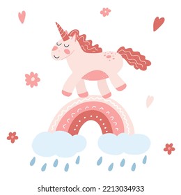 Cute unicorn on rainbow with cloud and raindrops in cartoon flat style. Vector illustration of baby horse, pony animal in pink color for fabric print, apparel, children textile design, card