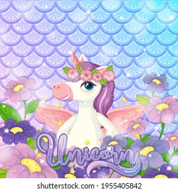 Cute unicorn on rainbow fish scales background illustration