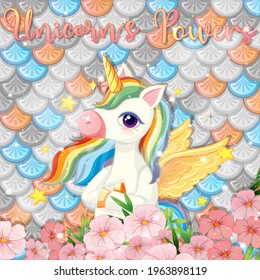 Cute unicorn on rainbow fish scales background illustration