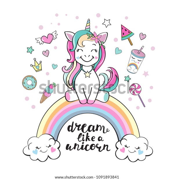 Jolie Licorne Sur Un Arc En Ciel Et Image Vectorielle De Stock Libre De Droits 1091893841