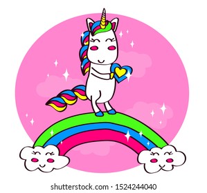 Cute unicorn on a rainbow on a pink background. Vector illustration.