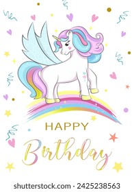 Cute unicorn on rainbow vector illustration. Birthday greeting card, poster, print, party concept, child books, wallpaper. Cute fairy tale animal. Kids background.