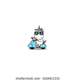 Cute unicorn on scooter cartoon icon, vector illustration