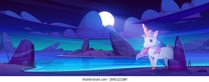 Cute unicorn on sea beach at night. Fairy tale illustration with magic animal on coastline in moonlight. Vector cartoon landscape of lake sand shore with fantasy horse with horn and rainbow mane