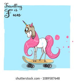 Cute unicorn on a skateboard. unicorn athlete