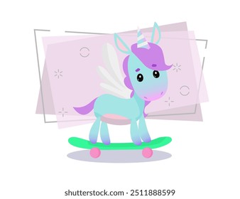 Cute unicorn on skateboard. Fairytale concept. Vector illustration can be used for topics like magic, fantasy, hobby