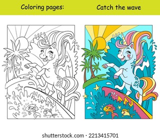 Cute unicorn on a surfboard. Kids coloring book page with colorful template. Vector cartoon illustration isolated on white background. For coloring, education, print, game, decor, puzzle, design