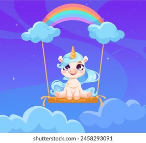 Cute unicorn on a swing with clouds and a rainbow, charming cartoon style on a purple starry sky background, concept of magic and happiness, Vector illustration. Vector illustration