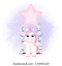 Cute unicorn on swing hand drawn cartoon animal illustration