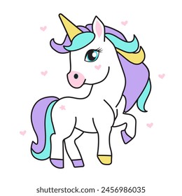 Lindo unicornio sobre fondo blanco con corazones.  Tarjeta de felicitación, textil, impresión en la camiseta de los niños. Ilustración vectorial.