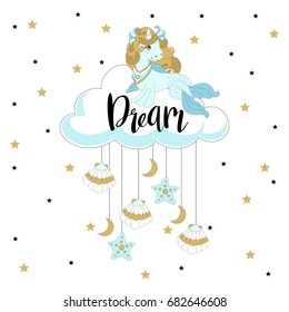 Cute unicorn on white background with inscription. Vector illustration.