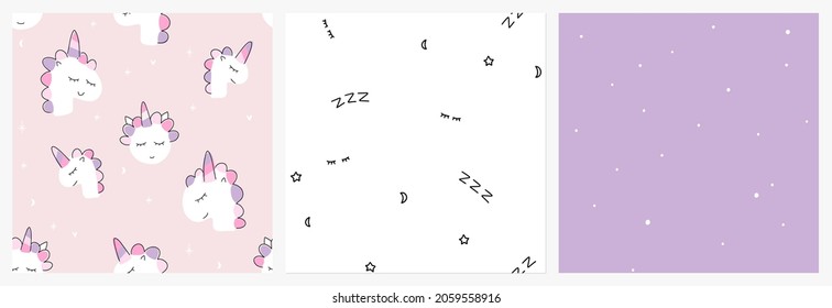 Cute unicorn one directional seamless pattern set with coordinating tiny dot and sleepy eyes repeat designs. Girly lilac, white and pink vector background to use as pajama fabric or sleep mask print.