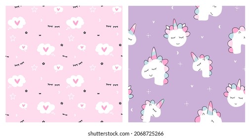 Cute unicorn one-direction seamless pattern for girl's pajama, bedtime clothing.