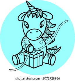 Cute unicorn opens a gift, ties a bow on a gift, contour drawing, vector on a blue background