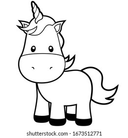 Cute Unicorn Outline Vector Illustration on White