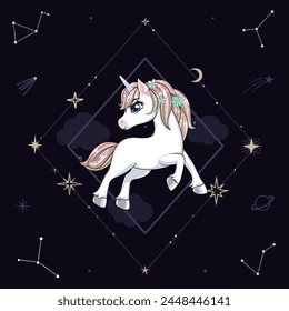 Cute unicorn over outer space background with stars.