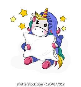 Cute unicorn in pajamas and nightcap hugs a pillow. Vector illustration on white background